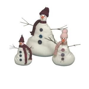Set/3 Primitive Rustic Snowman Country Fabric Folk Art Soft Stuffed Christmas